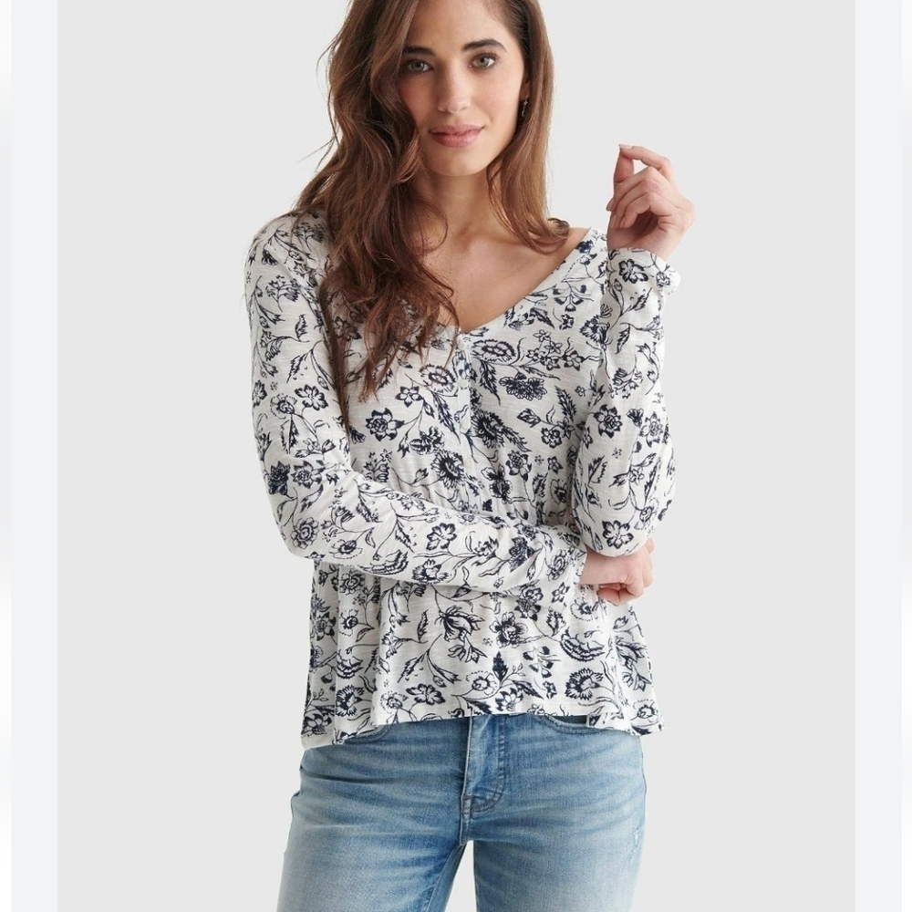 LUCKY BRAND white and black long Sleeves v neck boho blouse size XL